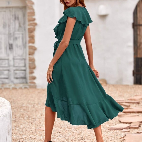 Boho Dusty Blue ruffle hem wrap belted Maxi Dress - Picture 4 of 12